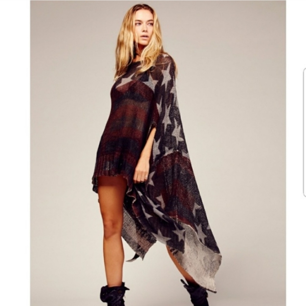 Super Rare Free People Broad Stripes and Bright Stars Poncho OS - Picture 2 of 12